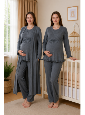 Effortt 4044 Antrasit Gizli Emzirme Özellikli Sabahlıklı Lohusa Pijama Takımı